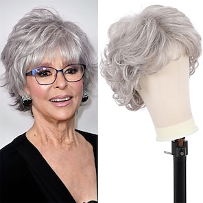 baratos -perucas curtas encaracoladas cinzentas com franja para mulheres resistente ao calor brilho natural sintético anos 70 perucas de cabelo cheio para mulheres