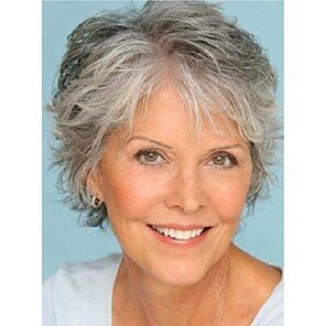 cheap -Short Grey Wigs for White Women Mixed Gray Silver Curly Wavy Wigs with White Bangs Grandma Synthetic Short Hair Wigs