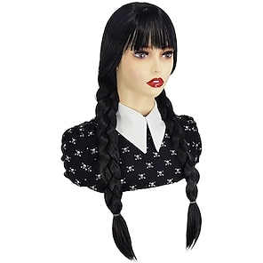 cheap -Wednesday Addams Wig with Bangs Long Pigtails Wig for Wednesday Women Girls Addams Family Hair Wig for Party