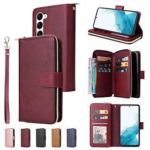 cheap -Phone Case For Samsung Galaxy Wallet Card S23 S22 S21 S20 Plus Ultra S10 S9 S8 S7 Plus Edge Full Body Protective with Phone Strap anti-drop Solid Colored TPU PU Leather