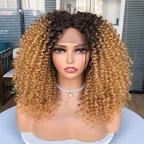 cheap -Curly Lace Front Wigs for Black Women Omber Blonde HD Lace Front Wig Pre Plucked with BabyhairDark Roots Synthetic Bob Kinky Afro Short Curly Frontal Hair Wig 16inch