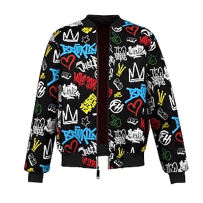 cheap -Graphic Prints Graffiti Sport Chic & Modern Casual Daily Men's Coat Sports & Outdoor Daily Wear Going out Fall & Winter Standing Collar Long Sleeve Black Red Blue S M L Polyester Jacket