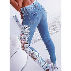 Womens Faux Denim Jeans Jeggings High Waist Sexy Floral Print Hollow Out  Leggings Skinny Jeans