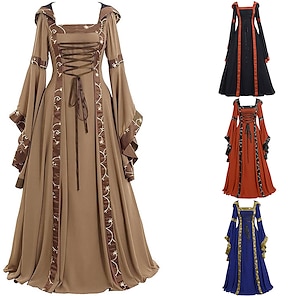 Disfraz medieval para mujer, con mangas de trompeta del siglo XVIII,  vestido renacentista con capucha, disfraces de cosplay de Halloween