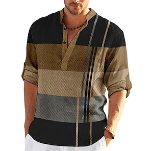 cheap -Men's Shirt Striped Graphic Prints Geometry Stand Collar Blue-Green Yellow Black / Purple Red Royal Blue Outdoor Street Long Sleeve Print Clothing Apparel  Fashion Streetwear