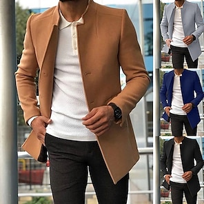 cheap -Men's Winter Coat Overcoat Coat Trench Coat Business Casual Spring Fall Polyester Outerwear Clothing Apparel Streetwear Solid Color Patchwork Stand Collar Single Breasted