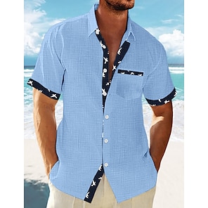 cheap -Men's Linen Shirt Summer Shirt Beach Shirt White Blue Green Short Sleeve Striped Lapel Spring & Summer Hawaiian Holiday Clothing Apparel Basic