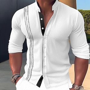 cheap -Men's Shirt Linen Shirt Embroidered Button Up Shirt Casual Shirt Summer Shirt Beach Shirt Black White Pink Long Sleeve Standing Collar Spring & Summer Casual Daily Clothing Apparel Embroidered