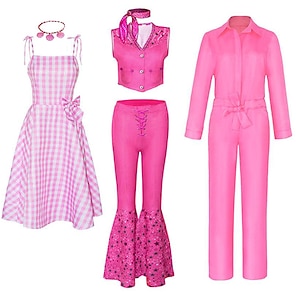 Traje de princesa Barbie para meninas, roupas cosplay para crianças, xadrez  rosa, carnaval de Halloween, festa