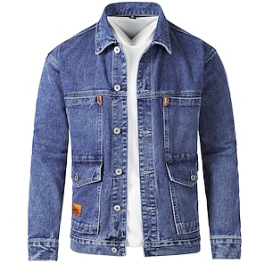 cheap -Men's Denim Jacket Casual Jacket Daily Wear Vacation Soft Durable Button Pocket Spring &  Fall Plain Comfort Leisure Lapel Regular Black Blue Gray Jacket