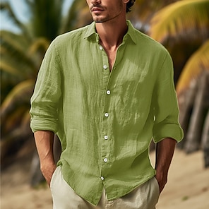 cheap -Men's Shirt Linen Shirt Button Up Shirt Summer Shirt Beach Shirt Army Green Long Sleeve Plain Lapel Spring & Summer Casual Daily Clothing Apparel