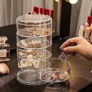 Jewelry Storage Box Multilayer Rotating Plastic Jewelry Stand Earrings Ring  Box Cosmetics Beauty Container Organizer with Mirror