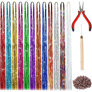 Silver Hair Tinsel Kit With Tools, Fairy Hair Tinsel Heat Resistant Tinsel  Hair Extensions 47Inches Glitter Hair Extensions Sparkling Shiny Hair