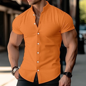 cheap -Men's Shirt Linen Shirt Button Up Shirt Summer Shirt Beach Shirt Black White Blue Short Sleeve Plain Band Collar Summer Casual Daily Clothing Apparel