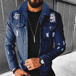 cheap -Men's Casual Jacket Jean Jacket Denim Jacket Outdoor Daily Wear Warm Button Ripped Fall Plain Fashion Streetwear Lapel Regular Blue Pale Blue Jacket