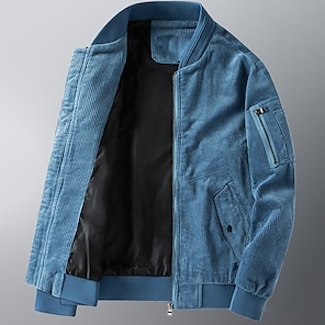 cheap -Men's Corduroy Jacket Varsity Jacket Outdoor Daily Wear Warm Zipper Pocket Fall Winter Plain Fashion Streetwear Standing Collar Regular Light Sky Blue Black khaki Jacket