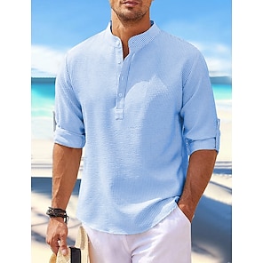 cheap -Men's Shirt Popover Shirt Casual Shirt Summer Shirt Beach Shirt White Blue Light Grey Dark Gray Long Sleeve Plain Henley Daily Vacation Clothing Apparel Fashion Casual Comfortable