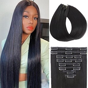 Clip in Hair Extensions Real Human Hair Double Weft Straight Human Hair Extensions 100% Brazilian Virgin Human Hair 8pcs 65g with 18Clips per Pack for