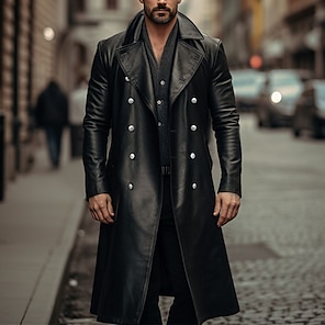 cheap -Men's Faux Leather Jacket Winter Coat Peacoat Trench Coat Daily Wear Going out Fall & Winter Outerwear Clothing Apparel Lapel Double Breasted