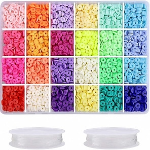 7000Pcs Clay Beads for Bracelets Making,6mm 24 Colors Flat Round Polymer  Clay Heishi Beads with Pony Beads