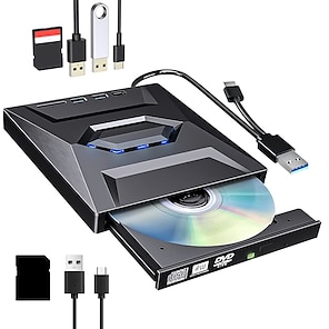 Lecteur DVD externe, USB 3.0 avec adaptateur de type C, lecteur CD/DVD  +/-RW, graveur de DVD/CD ROM fin, compatible avec ordinateur portable,  ordinateur de bureau, Windows, Linux, OS, Apple Mac (noir) 