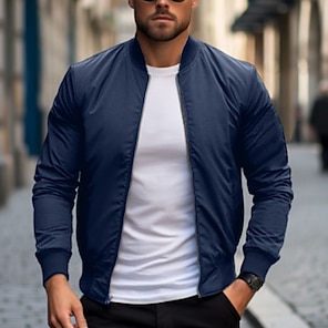 cheap -Men's Bomber Jacket Varsity Jacket Outdoor Daily Wear Spring &  Fall Plain Fashion Streetwear Collar Regular Black Red & White Dark Blue Gray Jacket