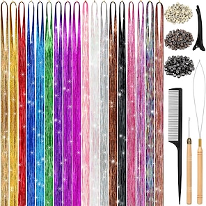 Gold Hair Tinsel, Packs of 12Pcs Clip in Hair Tinsel Kit, 20.5 inch Fairy Hair  Tinsel