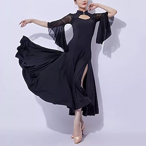 Robe De Danse De Salon Pour Femme Avec Strass – Color Block, Dos En V, Manches Longues – Pour Valse, Tango, Fox-trot, Compétition