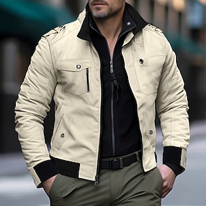 cheap -Men's Bomber Jacket Casual Jacket Work Jacket Outdoor Daily Wear Wearable Pocket Spring &  Fall Plain Fashion Streetwear Standing Collar Short Black Red Blue Khaki Army Green Jacket