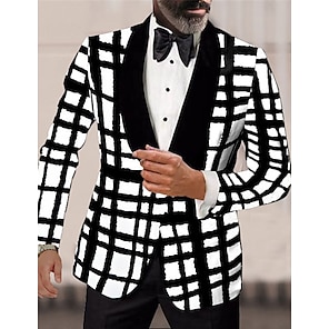 cheap -Men's Cocktail Attire Blazer Performance Birthday Party Fashion Casual Spring &  Fall Polyester Plaid / Check Geometic Pocket Casual / Daily Single Breasted Blazer Black