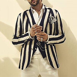 cheap -Men's Cocktail Attire Blazer Formal Evening Wedding Party Birthday Party Fashion Casual Spring &  Fall Polyester Stripes Pocket Casual / Daily Single Breasted Blazer Yellow