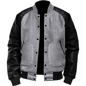 cheap -Men's Bomber Jacket Varsity Jacket Outdoor Daily Wear Leather Sleeved Spring &  Fall Plain Fashion Streetwear Stand Collar Short Black White Light Grey Dark Gray Jacket