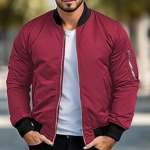 cheap -Men's Bomber Jacket Varsity Jacket Sport Coat Outdoor Sports Warm Pocket Fall Winter Plain Fashion Streetwear Stand Collar Regular Ocean Blue Red & White Green Khaki Jacket