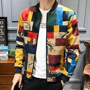 cheap -Colorful Bomber Jacket Mens Graphic Plaid Geometry Coat Sports & Outdoor Daily Wear Going Fall Winter Standing Collar Long Sleeve Yellow Polyester Casual