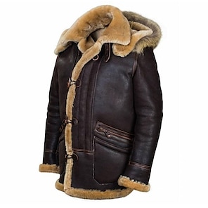 cheap -Men's Faux Leather Jacket Winter Jacket Sherpa Jacket Outdoor Daily Wear Warm Fall Winter Plain Fashion Streetwear Hooded Regular Black Jacket