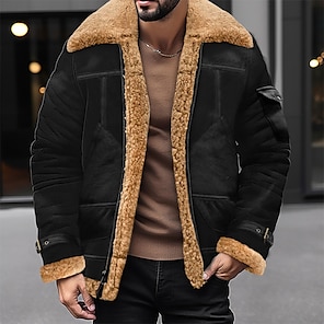 cheap -Men's Winter Coat Winter Jacket Shearling Coat Sherpa Jacket Outdoor Daily Wear Warm Fall Winter Plain Fashion Streetwear Lapel Regular Black Wine Brown Khaki Coffee Jacket