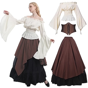 3 Pcs Renaissance Pirate Costume Women Medieval Victorian Outfit High Low  Skirt Blouse Top Viking Corset