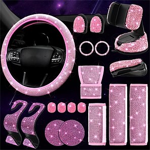  Pink Bling Car Accessories Set of 7 Pack, Car Diamond Velvet  Steering Wheel Cover for Women, Seat Belt Cover with Bling Rhinestones,  Bling Gear Shift Cover, Push Start Button, Car Cup