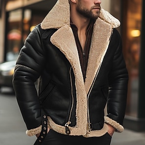 cheap -Men's Winter Jacket Fleece Jacket Sherpa Jacket Outdoor Daily Wear Warm Fall Winter Plain Fashion Streetwear Lapel Regular Black Navy Blue Red & White Green Coffee Jacket