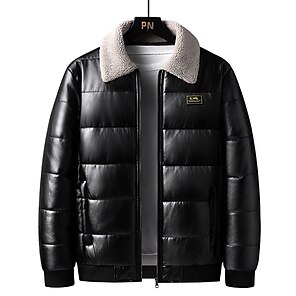 cheap -Men's Faux Leather Jacket Puffer Jacket Fleece Jacket Outdoor Daily Wear Warm Pocket Fall Winter Plain Fashion Streetwear Lapel Regular Black Dark Blue Jacket