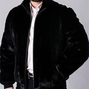 cheap -Men's Winter Jacket Faux Fur Coat Daily Warm Zipper Pocket Fall Winter Solid Color Fashion Streetwear Lapel Regular Faux Fur Black Jacket