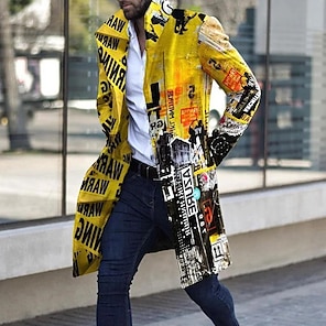 cheap -Graphic Prints Graffiti Fashion Streetwear Business Men's Coat Work Wear to work Going out Fall & Winter Turndown Long Sleeve White Yellow Blue M L XL Polyester Jacket