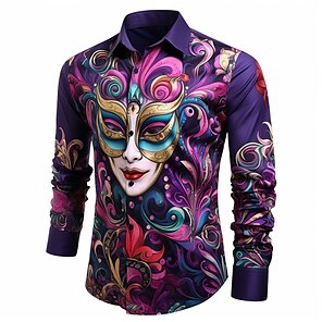 cheap -Mask Abstract Men's Shirt Daily Wear Going out Fall & Winter Turndown Long Sleeve Purple, Green S, M, L 4-Way Stretch Fabric Shirt Carnival