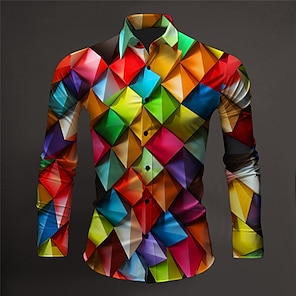 cheap -Color Block Colorful Artistic Abstract Men's Shirt Daily Wear Going out Fall & Winter Turndown Long Sleeve Purple, Rainbow S, M, L 4-Way Stretch Fabric Shirt