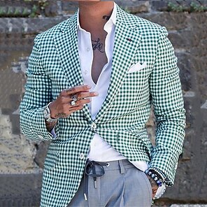 cheap -Men's Blazer Business Cocktail Party Wedding Party Fashion Casual Spring &  Fall Polyester Plaid Button Pocket Comfortable Single Breasted Blazer Green