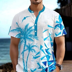 cheap -Coconut Palm Men's Resort Hawaiian 3D Print Henley Shirt Button Up Shirt Casual Shirt Daily Wear Vacation Going out Spring & Summer Stand Collar Short Sleeve Blue Purple Green Polyester Shirt