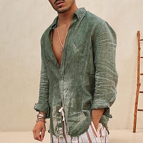 cheap -Men's Shirt Linen Shirt Summer Shirt Beach Shirt White Green Long Sleeve Plain Lapel Spring &  Fall Hawaiian Holiday Clothing Apparel Button-Down