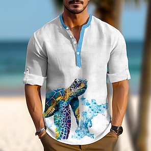 cheap -Turtle Men's Resort  Hawaiian 3D Print Shirt Henley Shirt Daily Wear Going out Weekend Fall & Winter Standing Collar Long Sleeve Blue Brown Green S M L Polyester Shirt