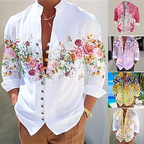 cheap -Valentines Day Floral Men's Casual 3D Printed Shirt Daily Wear Going out Weekend Spring Standing Collar Long Sleeve Blue, Purple, Green S, M, L Slub Fabric Shirt