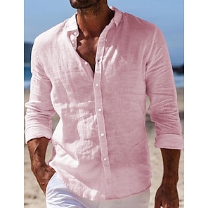 cheap -Men's Shirt Linen Shirt Button Up Shirt Summer Shirt Beach Shirt Pink Long Sleeve Plain Turndown Spring & Summer Casual Daily Clothing Apparel